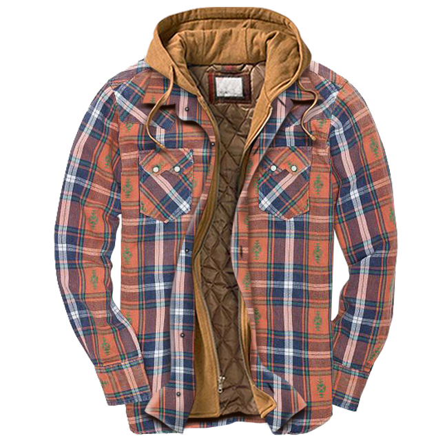 men's outdoor casual plaid hooded padded shirt jacket